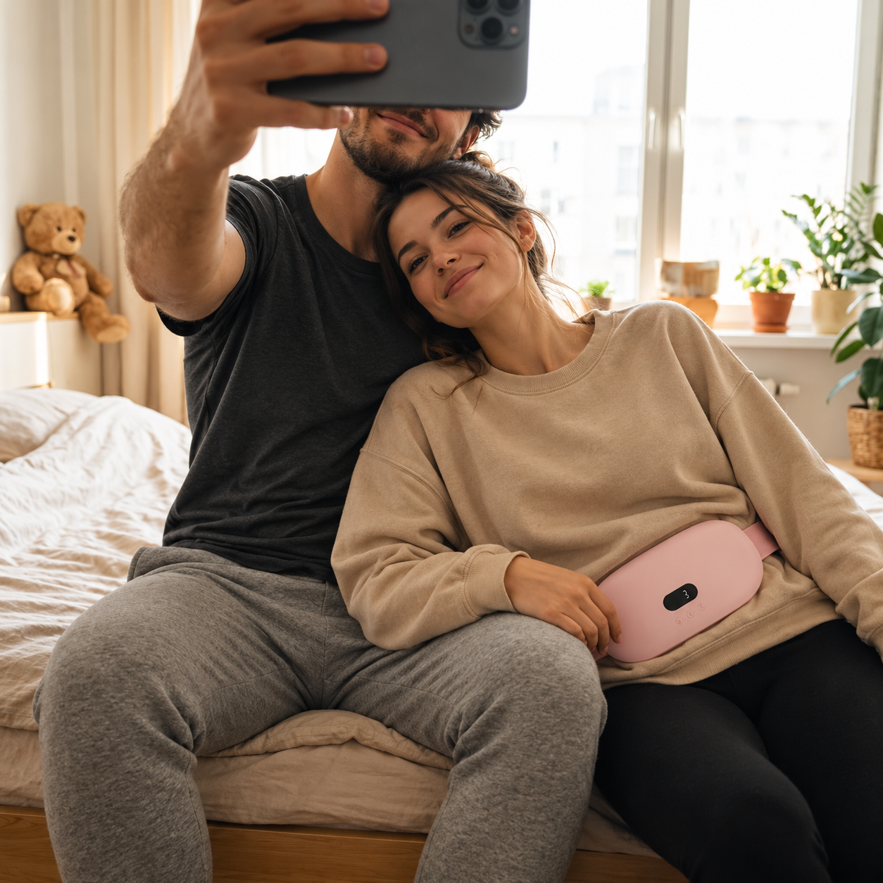 Illustrative lifestyle photo of a couple relaxing together with a pink heat and massage belt