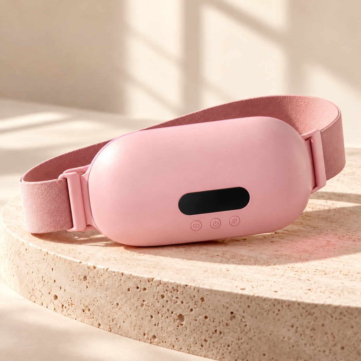 Pink wearable heat and massage belt with adjustable strap